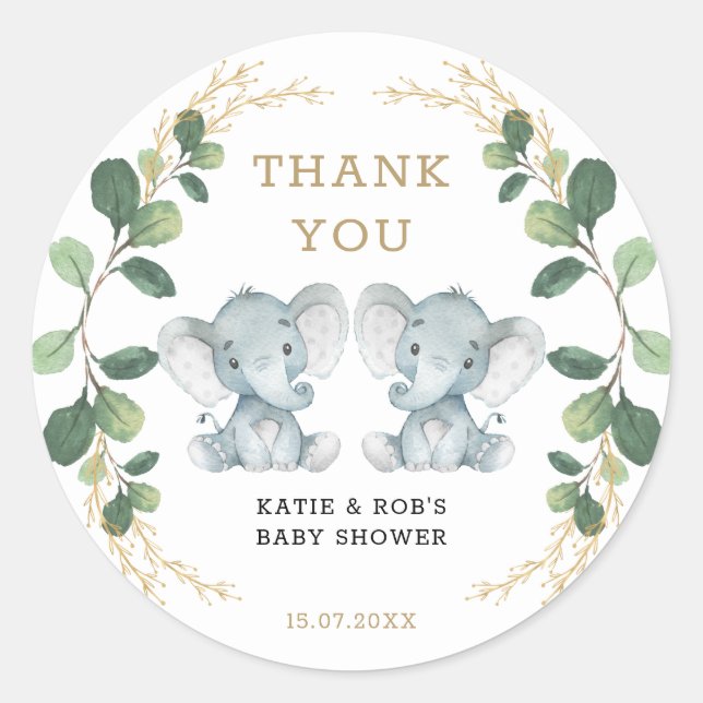 Cute Twin Elephant Babies Greenery Gold Foliage Classic Round Sticker (Front)