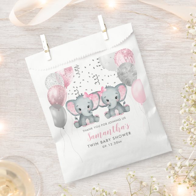Cute Twin Girl Elephant Pink Balloons Baby Shower Favour Bags (Clipped)