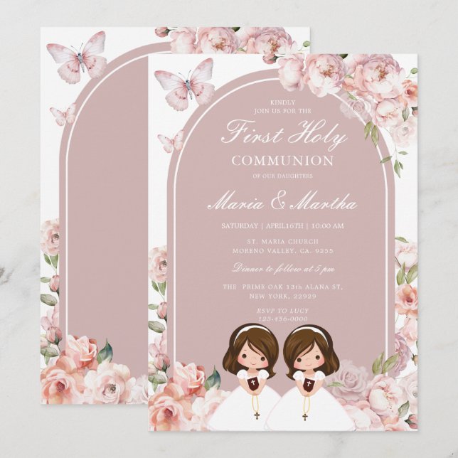 Cute Twin Girl First Holy Communion Pink Floral Invitation (Front/Back)