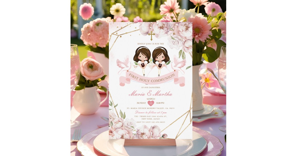 Cute TWIN Girl First Holy Communion Pink Floral Invitation | Zazzle