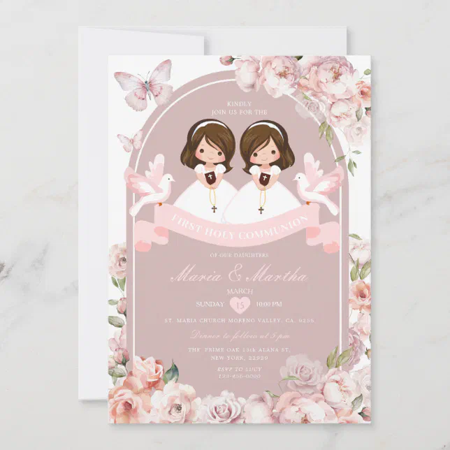 Cute TWIN Girl First Holy Communion Pink Floral Invitation | Zazzle