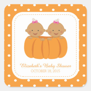 Cute Twin Girl Pumpkin Baby Shower Square Sticker! Square Sticker