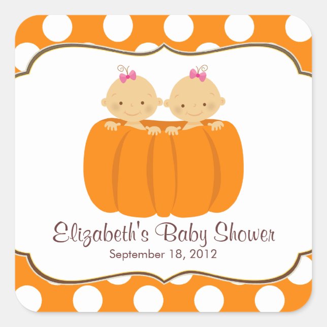 Cute Twin Girl Pumpkin Baby Shower Square Sticker! Square Sticker (Front)