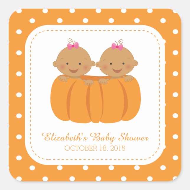 Cute Twin Girl Pumpkin Baby Shower Square Sticker! Sticker (Front)