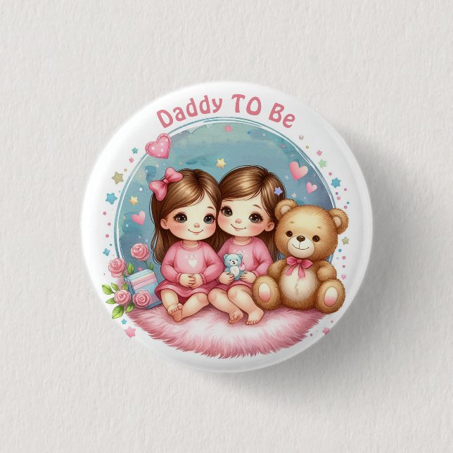 Cute Twin Girl's Baby Shower Daddy To Be 3 Cm Round Badge (Front)