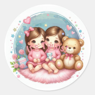 Cute Twin Girl's Baby Shower Watercolor Teddy Bear Classic Round Sticker
