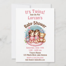 Cute Twin Girl's Baby Shower Watercolor Teddy Bear