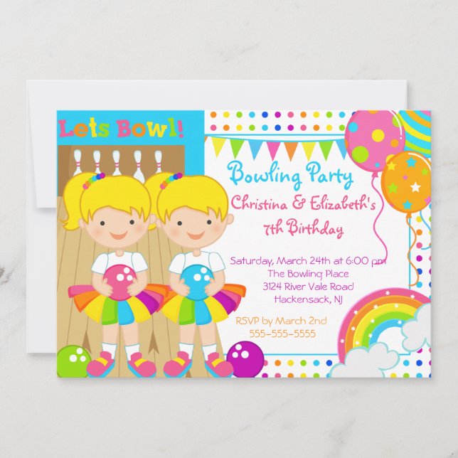 Cute Twin Girls Bowling Birthday Party Invitation (Front)