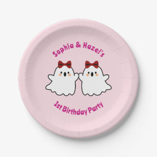 Cute Twin Girls Halloween 1st Birthday Paper Plate