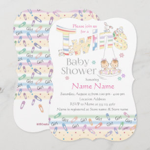Cute Twin Girls on Swing, baby shower invitation