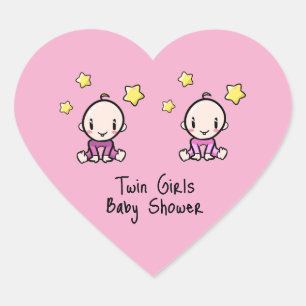 Cute Twin Girls, Pink, Personalised Twin Babies  Heart Sticker