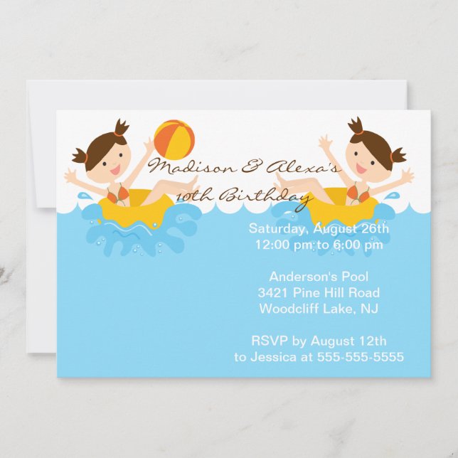 CUTE Twin Girls Pool Party Birthday Invitation (Front)