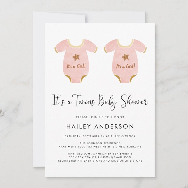 Cute Twin Girls Watercolor Baby Shower Invitation (Front)