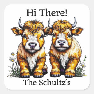 Cute Twin Highland Cows Personalised Square Sticker