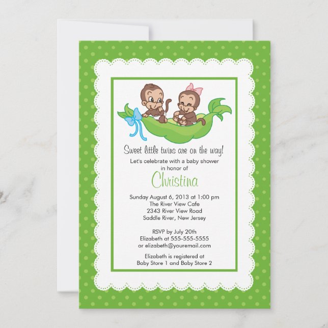 Cute Twin Monkeys Pea Pod Baby Shower Invitations (Front)