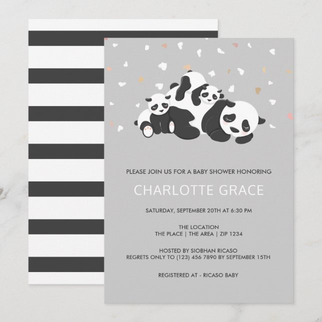 Cute Twin Panda Personalised Baby Shower Invitation (Front/Back)