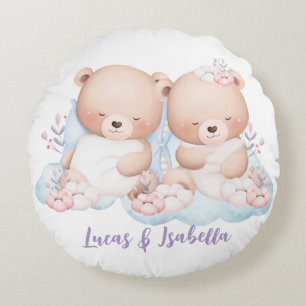 Cute twin teddy bear baby shower party boy girl round cushion