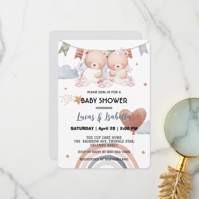 Cute twin teddy bear star balloon baby shower than thank you card (Front/Back In Situ)