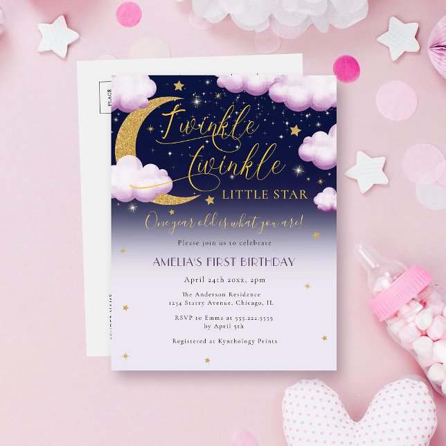 Cute Twinkle Little Star Girl's First Birthday Invitation Postcard (Creator Uploaded)