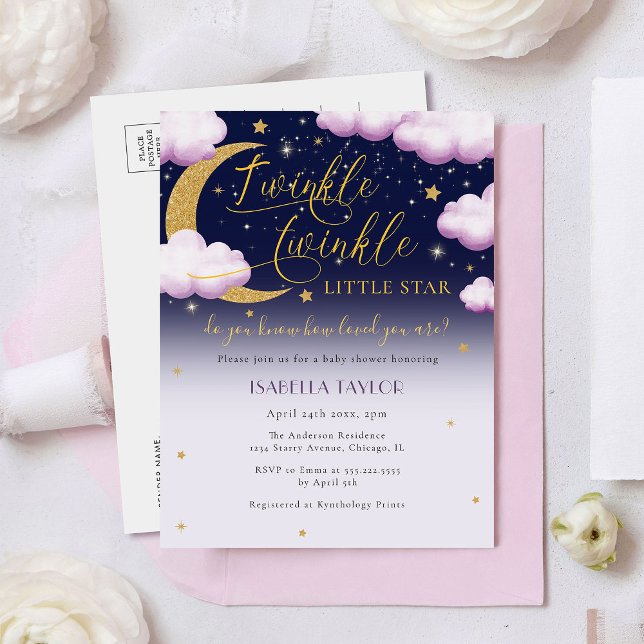 Cute Twinkle Little Star Pink Girl Baby Shower Invitation Postcard (Creator Uploaded)