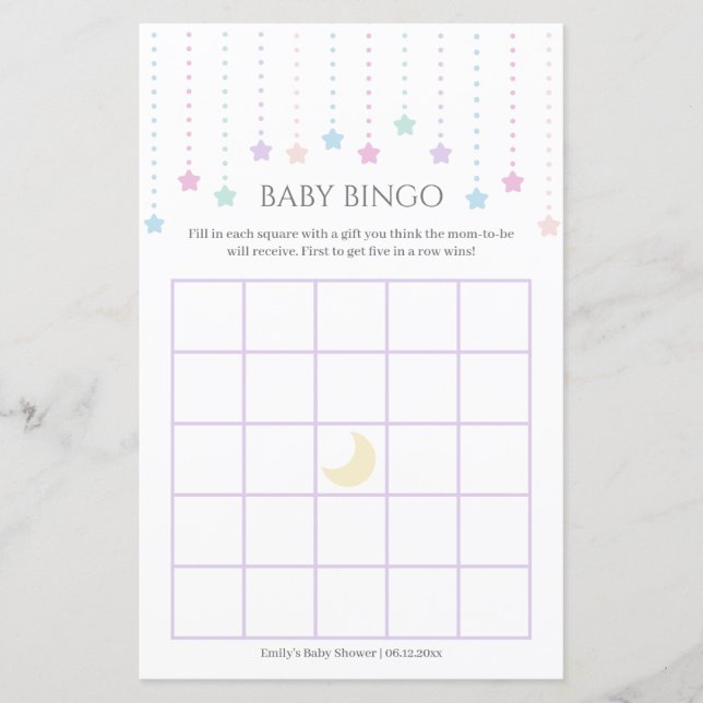Cute Twinkle Little Stars Baby Shower Bingo Game (Front)