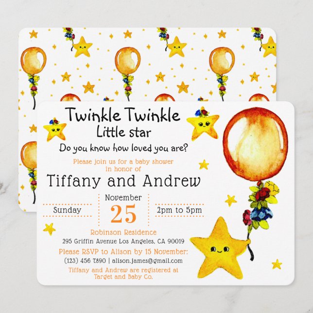 Cute Twinkle Twinkle Little Star Co-ed Baby Shower Invitation (Front/Back)