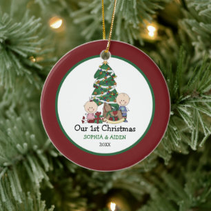 Cute Twins 1st Christmas Personalised Ceramic Tree Decoration