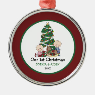 Cute Twins 1st Christmas Personalised Metal Tree Decoration