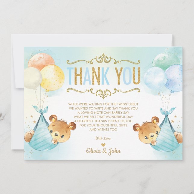 Cute Twins Baby Boys Teddy Bears Baby Shower  Thank You Card (Front)
