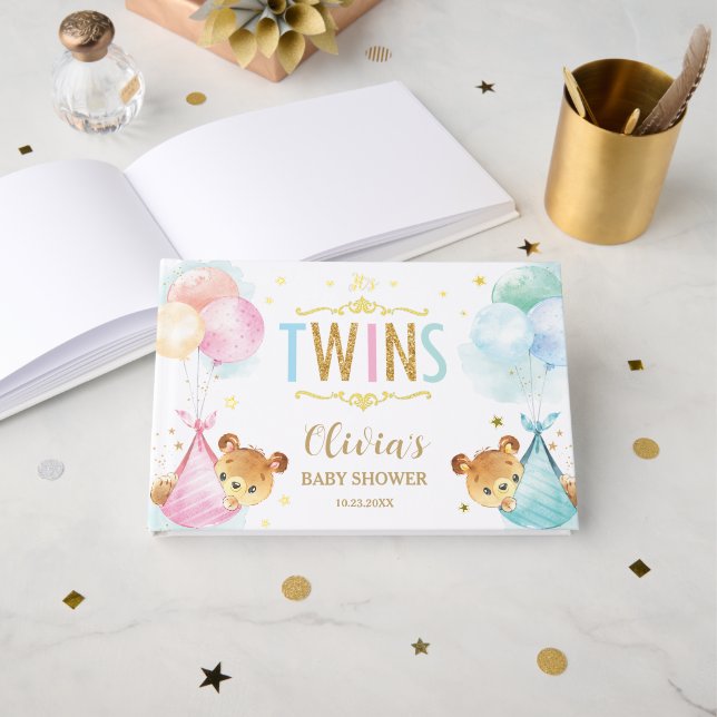 Cute Twins Baby Girl Boy Teddy Bears Baby Shower Guest Book (Front Open)