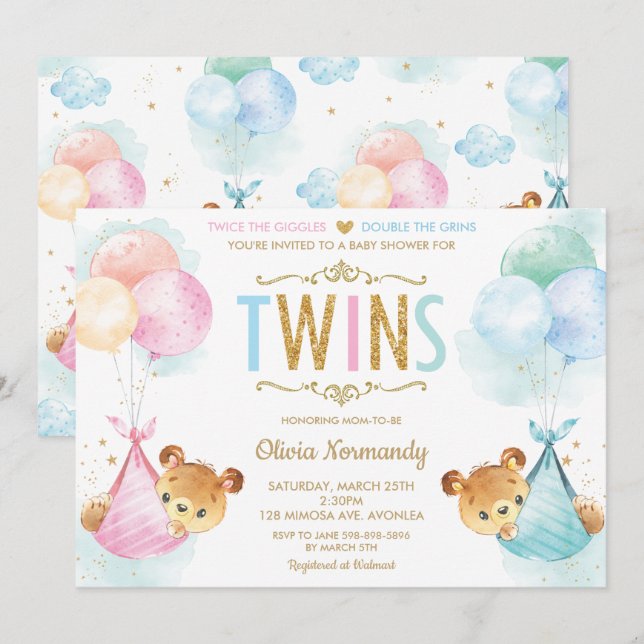 Cute Twins Baby Girl Boy Teddy Bears Baby Shower Invitation (Front/Back)