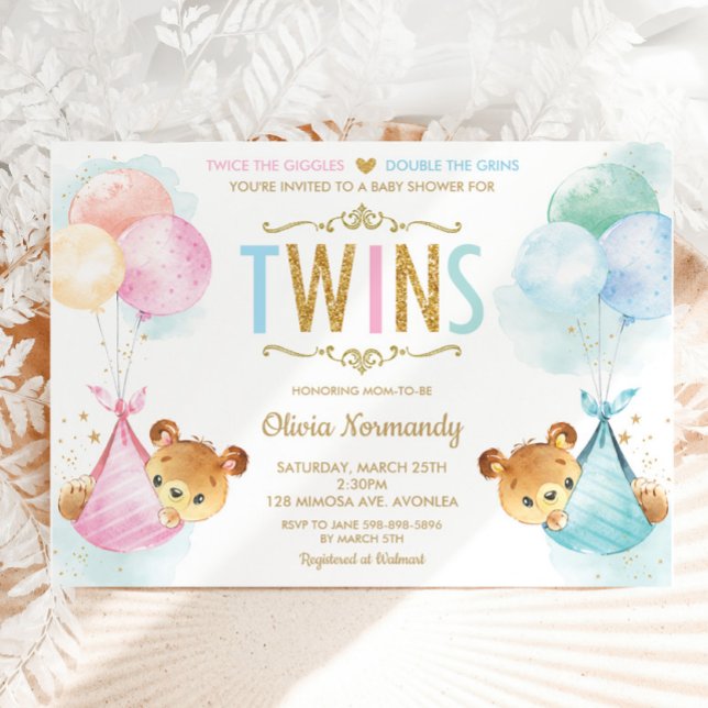 Cute Twins Baby Girl Boy Teddy Bears Baby Shower Invitation (Creator Uploaded)