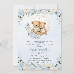 Cute Twins Bears Blue Floral Twin Boys Baby Shower Invitation