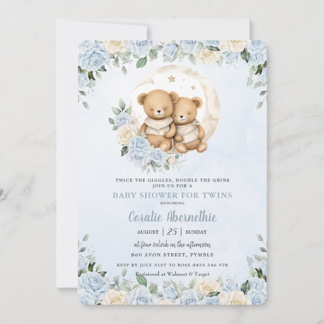 Cute Twins Bears Blue Floral Twin Boys Baby Shower Invitation (Front)