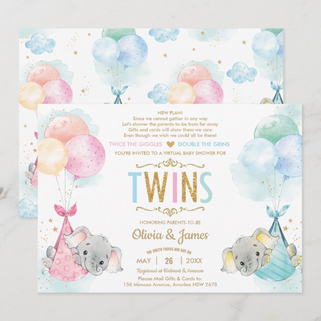 Cute Twins Boy Girl Elephant Baby Shower by Mail Invitation (Front/Back)