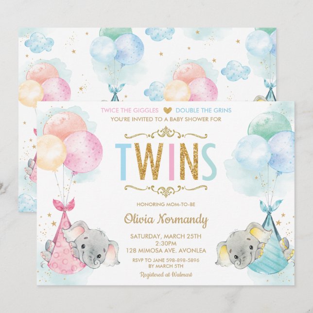Cute Twins Boy Girl Elephant Baby Shower Sprinkle Invitation (Front/Back)
