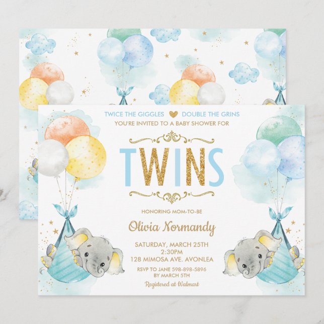 Cute Twins Boys Elephant Baby Shower Sprinkle Invitation (Front/Back)