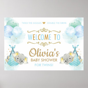 Cute Twins Boys Elephants Baby Shower Welcome Sign