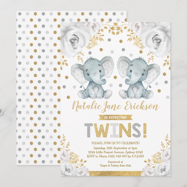 Cute Twins Elephant Baby Shower Alabaster Floral Invitation (Front/Back)