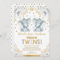 Cute Twins Elephant Baby Shower Alabaster Floral
