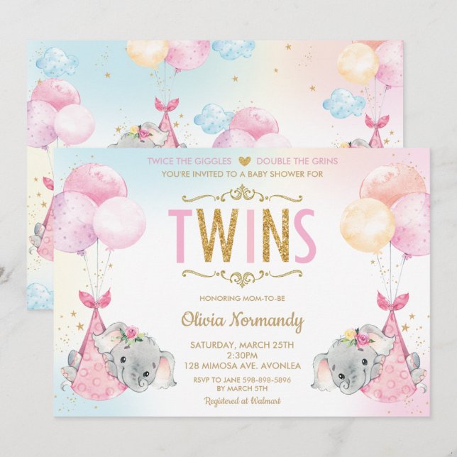 Cute Twins Girls Elephant Baby Shower Sprinkle Invitation (Front/Back)