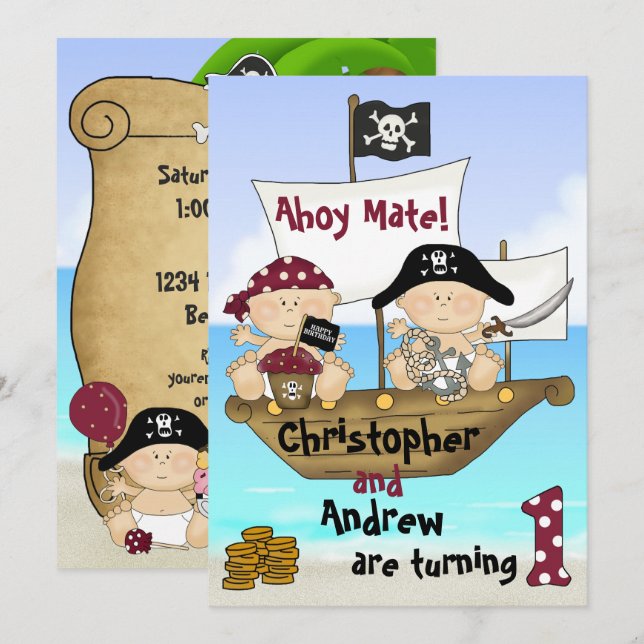 Cute Twins Little Buccaneer ~ Pirate 1st Birthday Invitation (Front/Back)