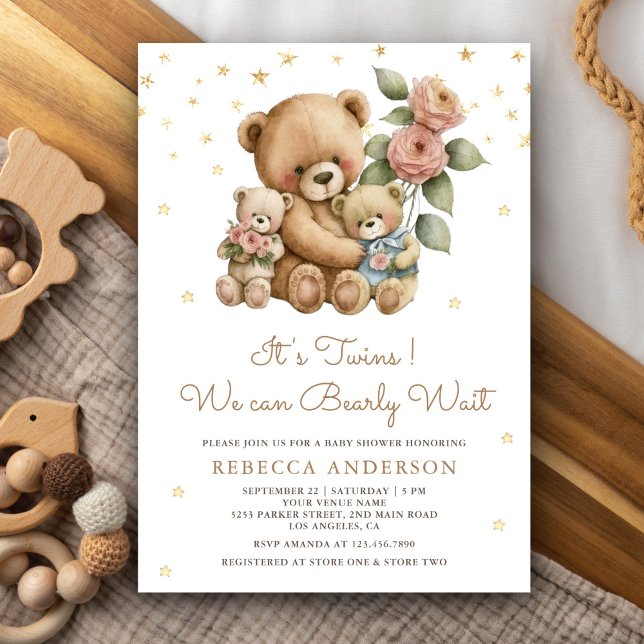 Cute Twins Mama and Baby Teddy Bears Baby Shower Invitation (Creator Uploaded)