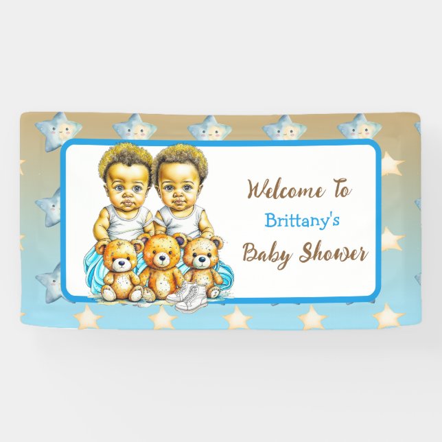 Cute Twins of colour Baby Boys Baby Shower Treats Banner (Horizontal)