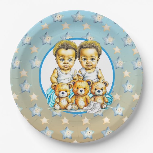 Cute Twins of colour Baby Boys Baby Shower Treats Paper Plate (Front)