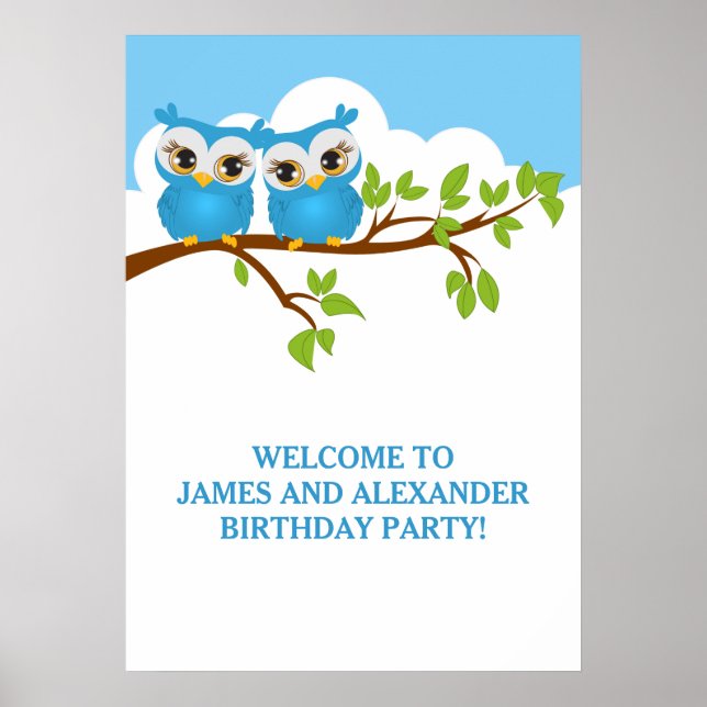 Cute Twins Owls on Branch Boys Birthday Poster (Front)