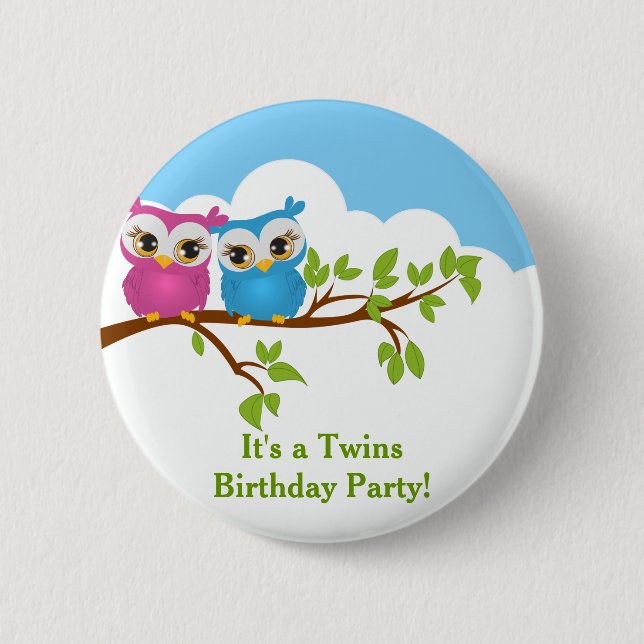 Cute Twins Owls on Branch Girl Boy Birthday Button (Front)