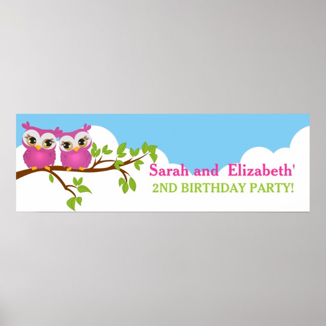 Cute Twins Owls on Branch Girls Birthday Banner Poster (Front)