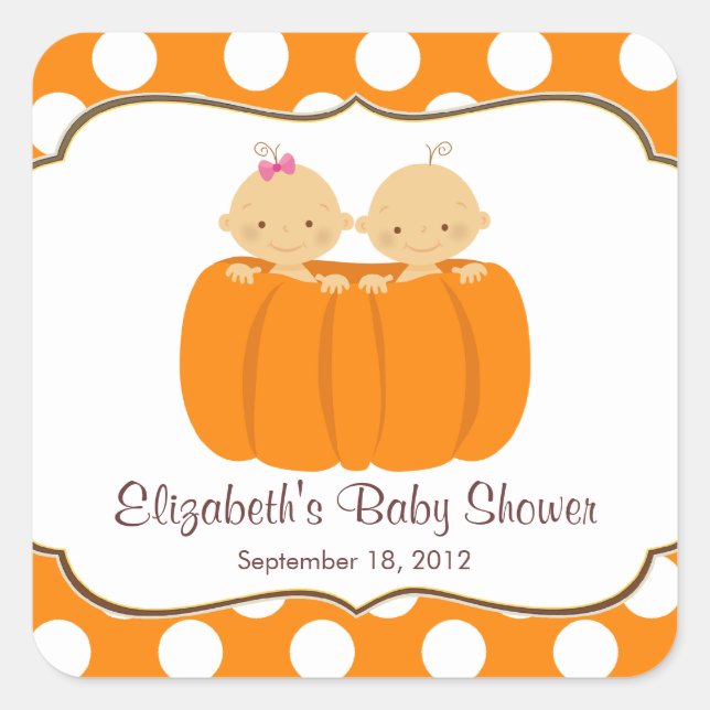 Cute Twins Pumpkin Baby Shower Square Sticker! Sticker (Front)