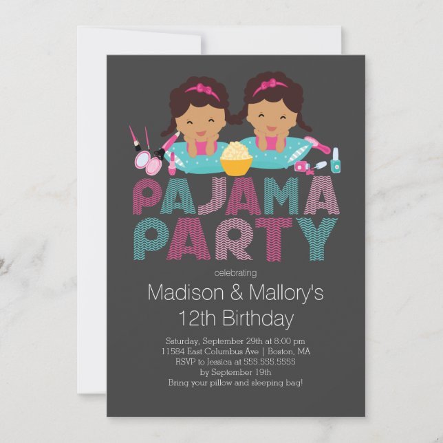 Cute TWINS Tween Pajama Birthday Party Invitation (Front)